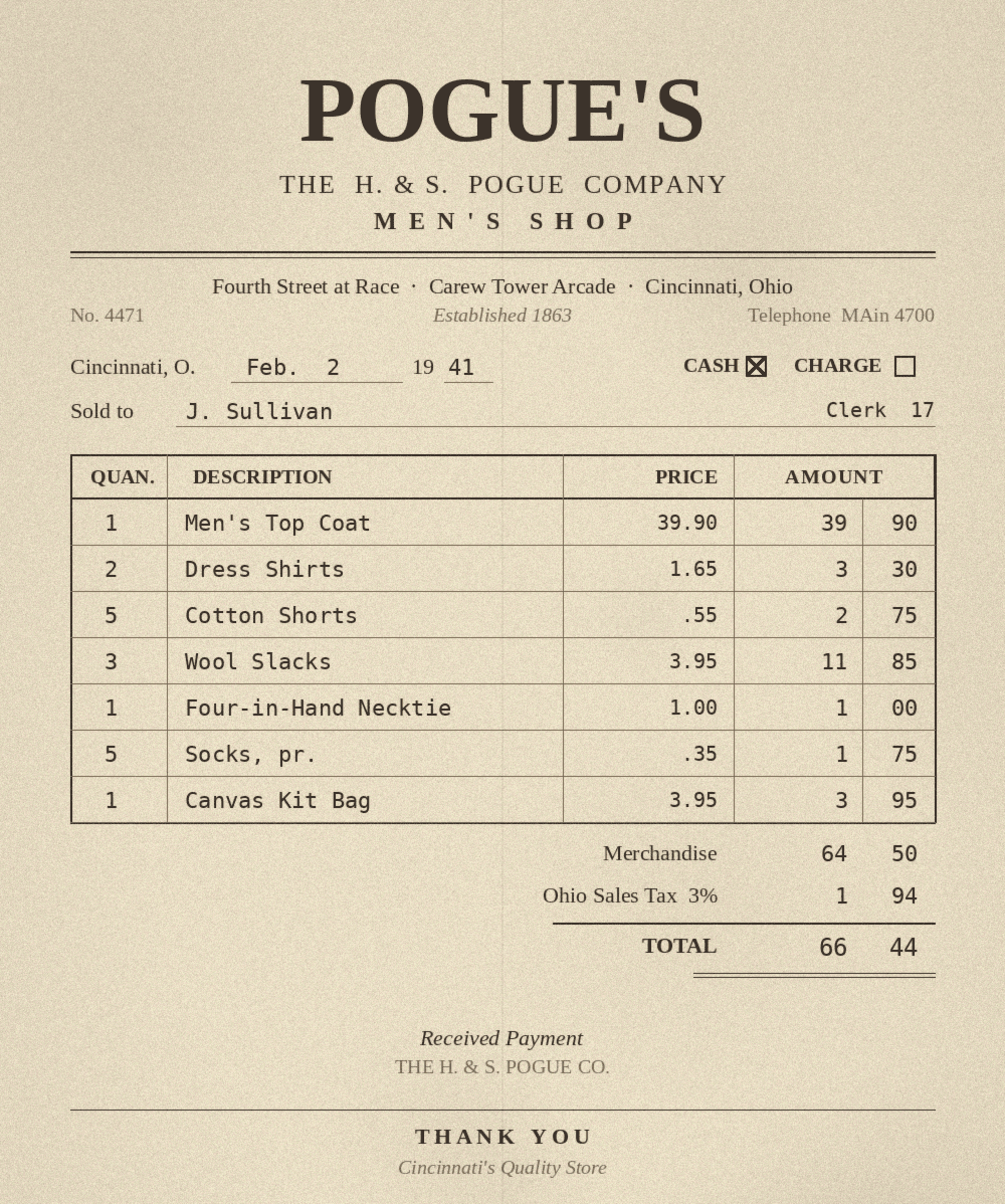 Sales receipt from Pogue's Men's Shop, Carew Tower, Cincinnati, dated February 2, 1941