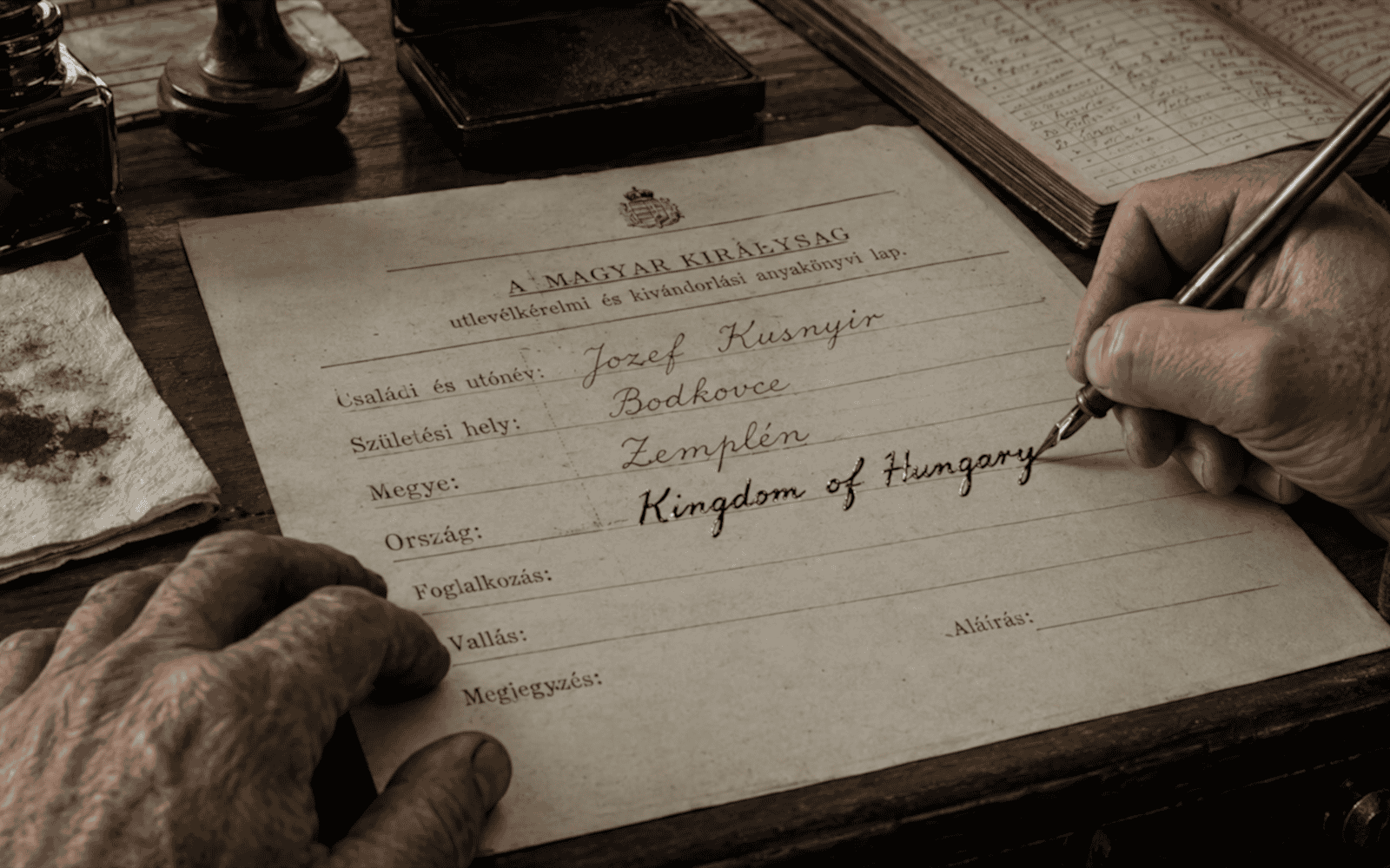 Jozef's emigration record, filled by hand